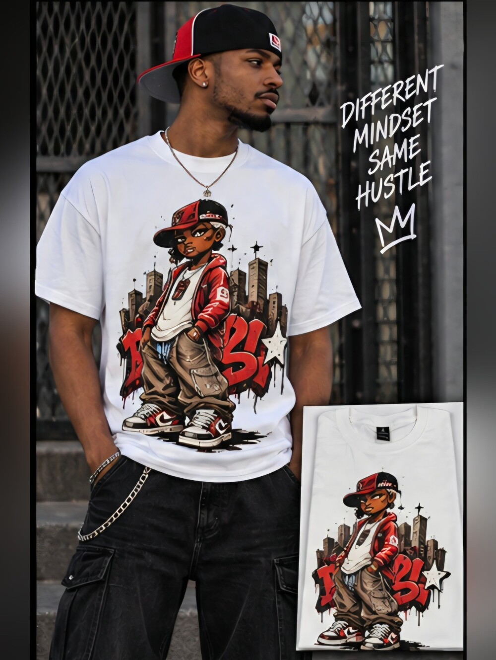 "Custom NWOT" White Graphic Tee with Red & Brown Street-Art Design